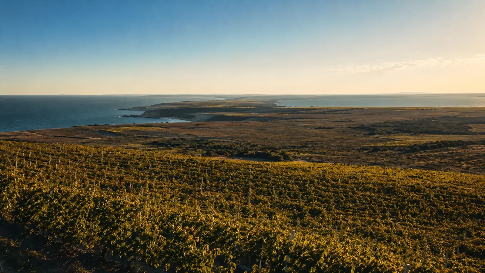 Виноградники и открытый ландшафт Таманского полуострова у моря